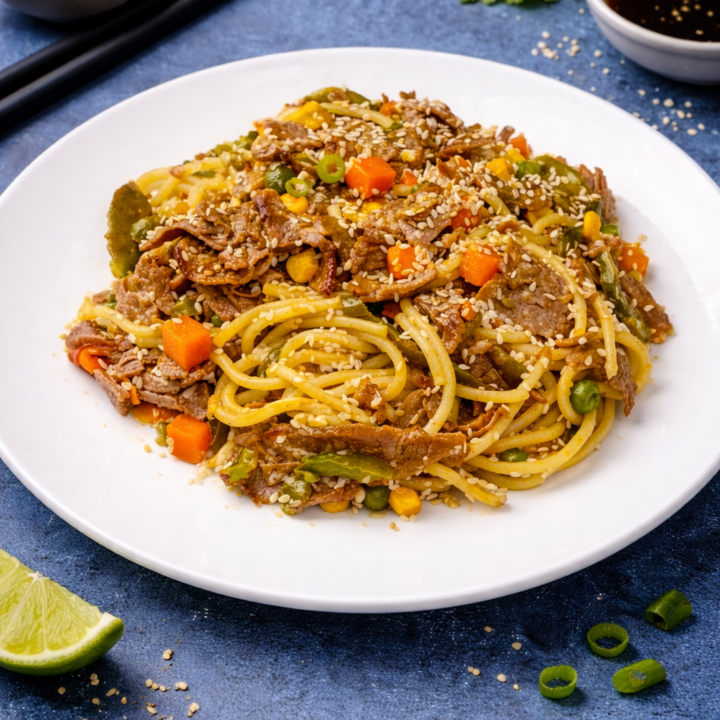 Лапша с говядиной и овощами